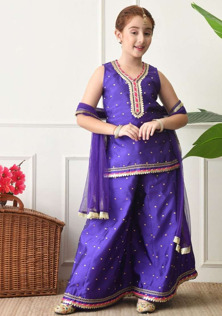 Purple Ethnic Motifs Silk Sharara Set For Girls - Indya