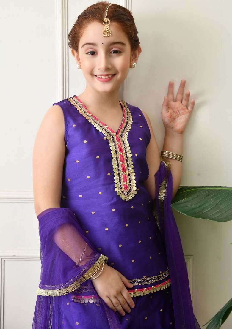 Purple Ethnic Motifs Silk Sharara Set For Girls - Indya
