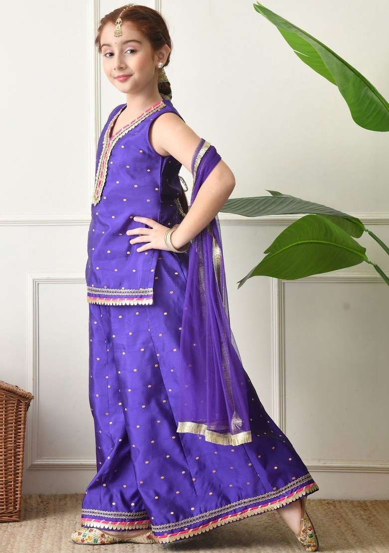 Purple Ethnic Motifs Silk Sharara Set For Girls - Indya