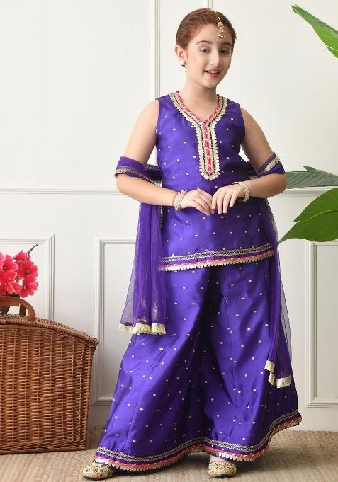 Purple Ethnic Motifs Silk Sharara Set For Girls