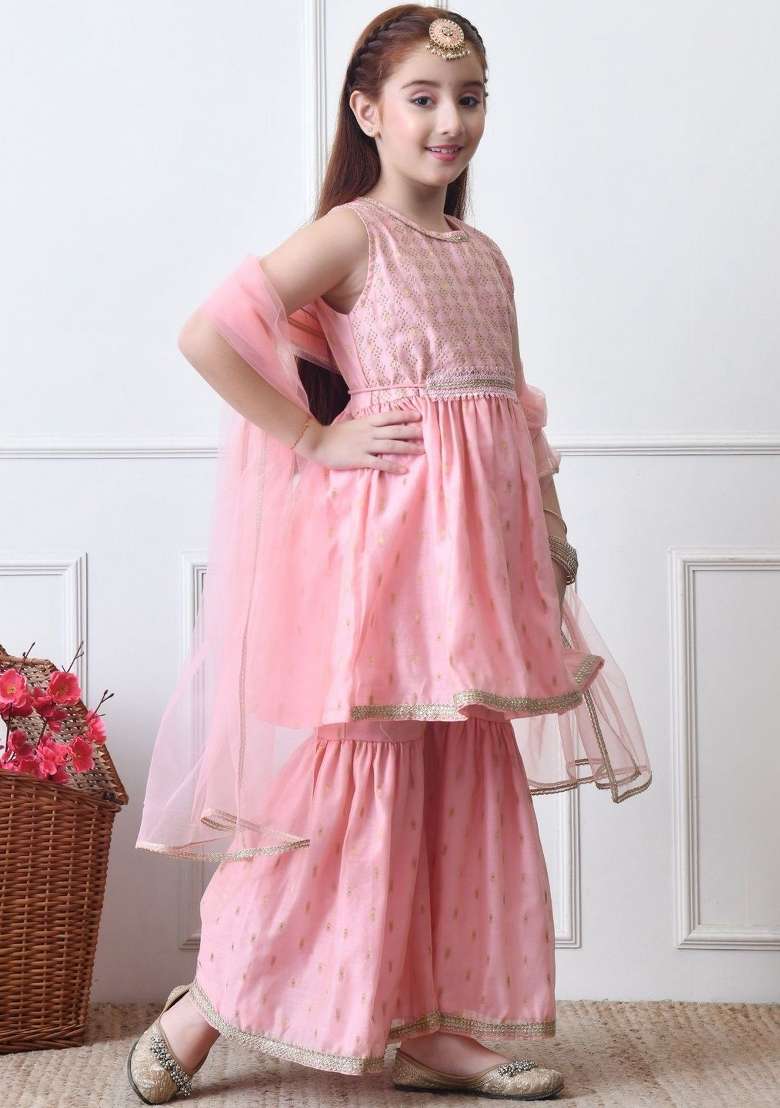 Pink Ethnic Motifs Silk Sharara Set For Girls - Indya
