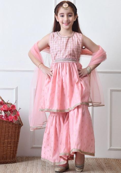 Pink Ethnic Motifs Silk Sharara Set For Girls