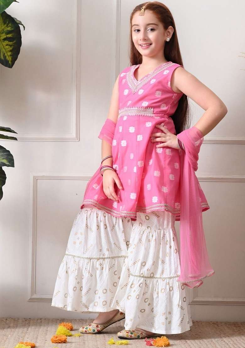 Pink Ethnic Motifs Cotton Sharara Set For Girls - Indya
