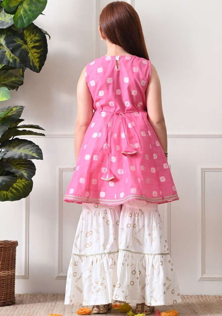 Pink Ethnic Motifs Cotton Sharara Set For Girls - Indya