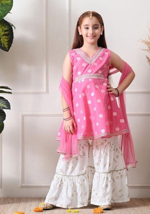 Pink Ethnic Motifs Cotton Sharara Set For Girls