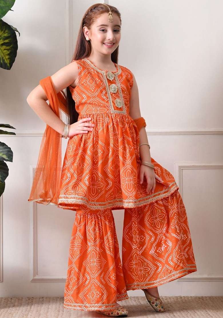 Orange Ethnic Motifs Viscose Sharara Set For Girls - Indya