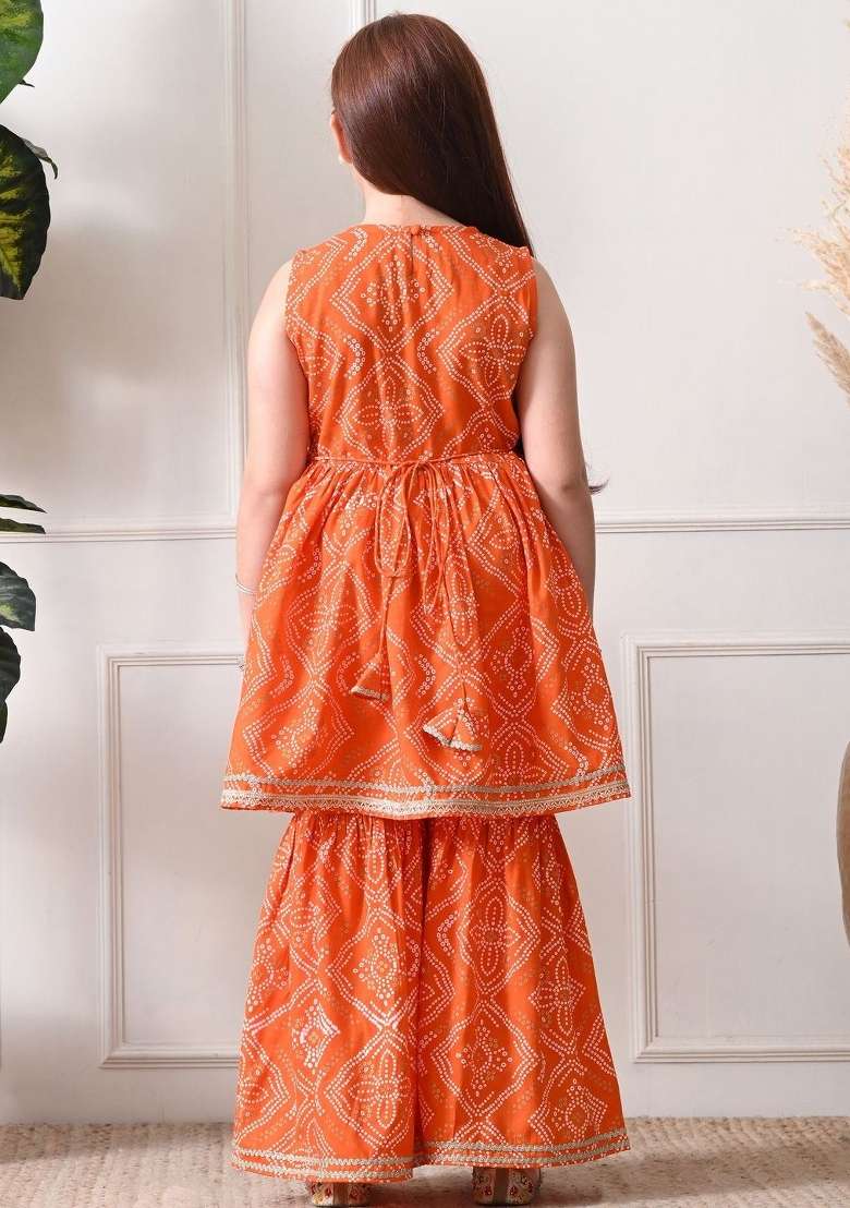 Orange Ethnic Motifs Viscose Sharara Set For Girls - Indya