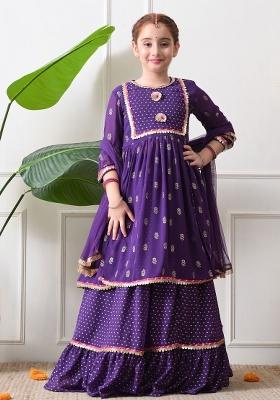 Purple Ethnic Motifs Georgette Sharara Set For Girls