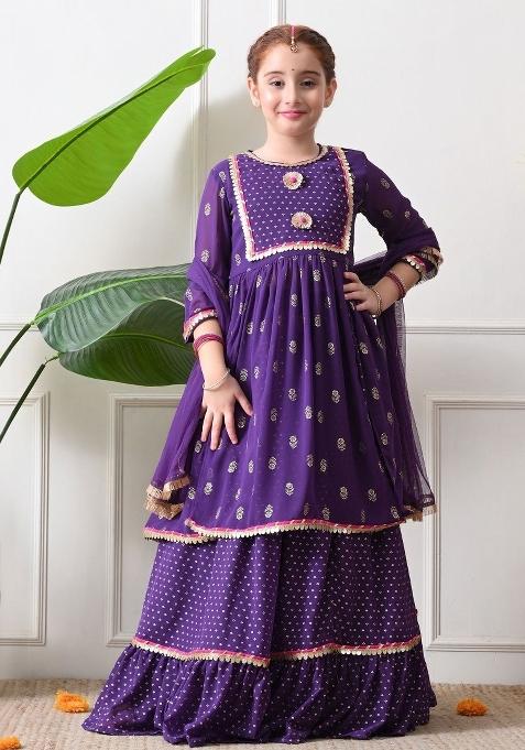 Purple Ethnic Motifs Georgette Sharara Set For Girls