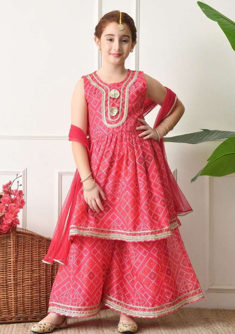 Pink Bandhani Silk Sharara Set For Girls - Indya