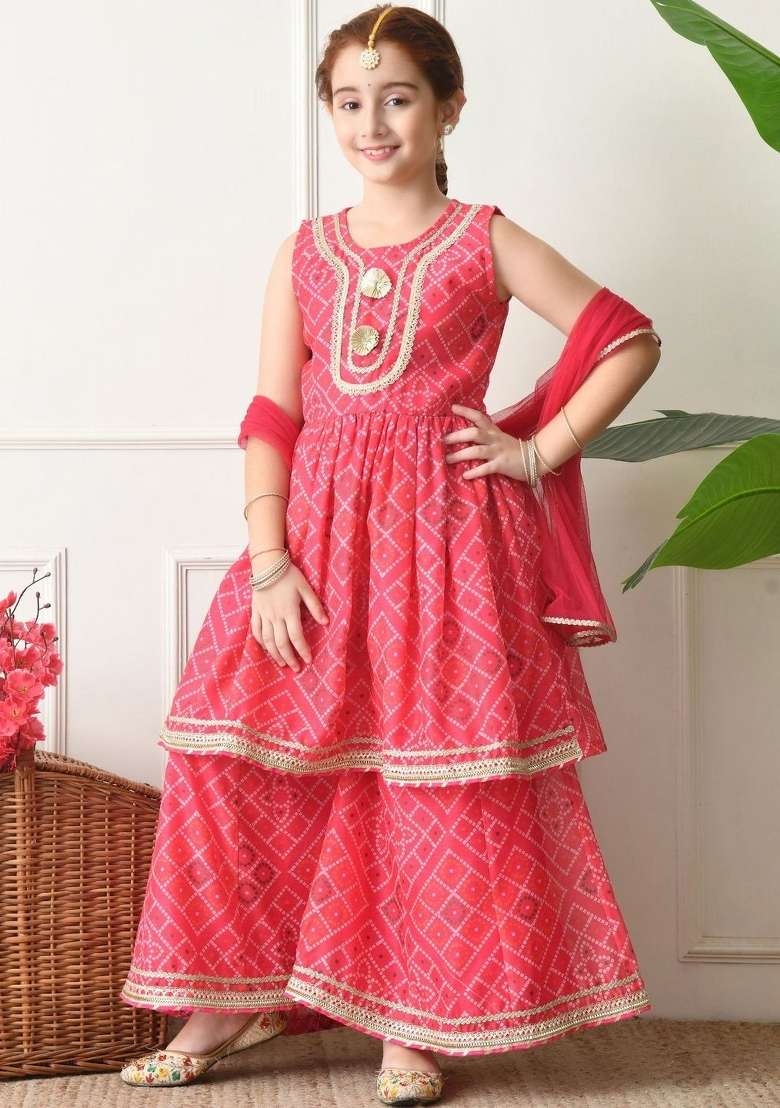 Pink Bandhani Silk Sharara Set For Girls - Indya