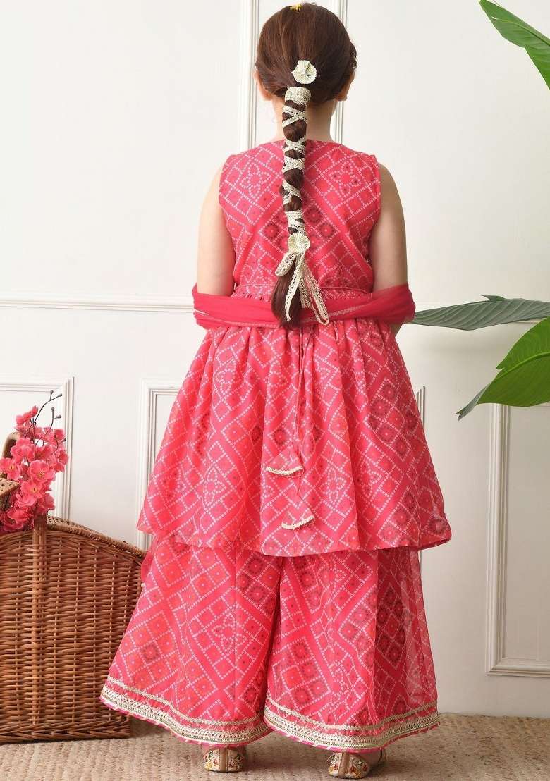 Pink Bandhani Silk Sharara Set For Girls - Indya