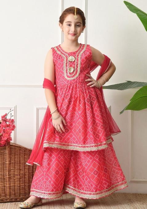 Pink Bandhani Silk Sharara Set For Girls