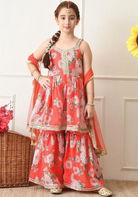 Red Floral Silk Sharara Set For Girls