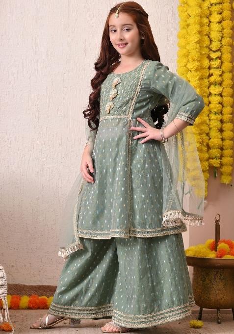 Sea Green Ethnic Motifs Silk Palazzo Set For Girls