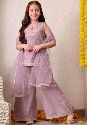 Lavender Ethnic Motifs Silk Palazzo Set For Girls