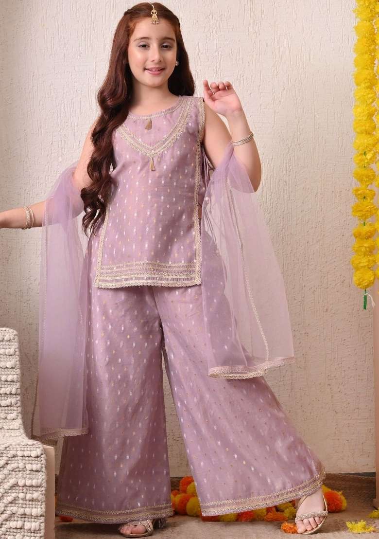 Lavender Ethnic Motifs Silk Palazzo Set For Girls - Indya