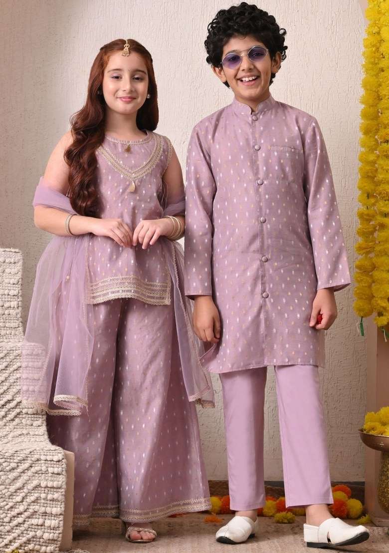 Lavender Ethnic Motifs Silk Palazzo Set For Girls - Indya