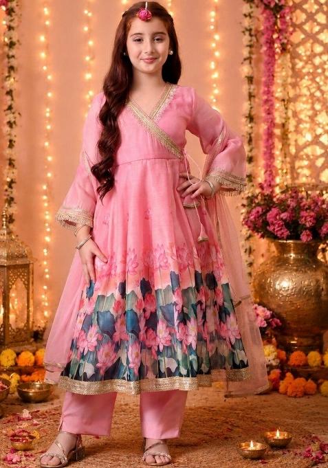 Pink Floral Chanderi Kurta Set For Girls