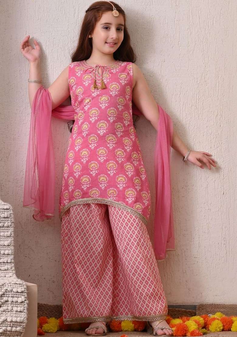 Pink Ethnic Motifs Cotton Palazzo Set For Girls - Indya
