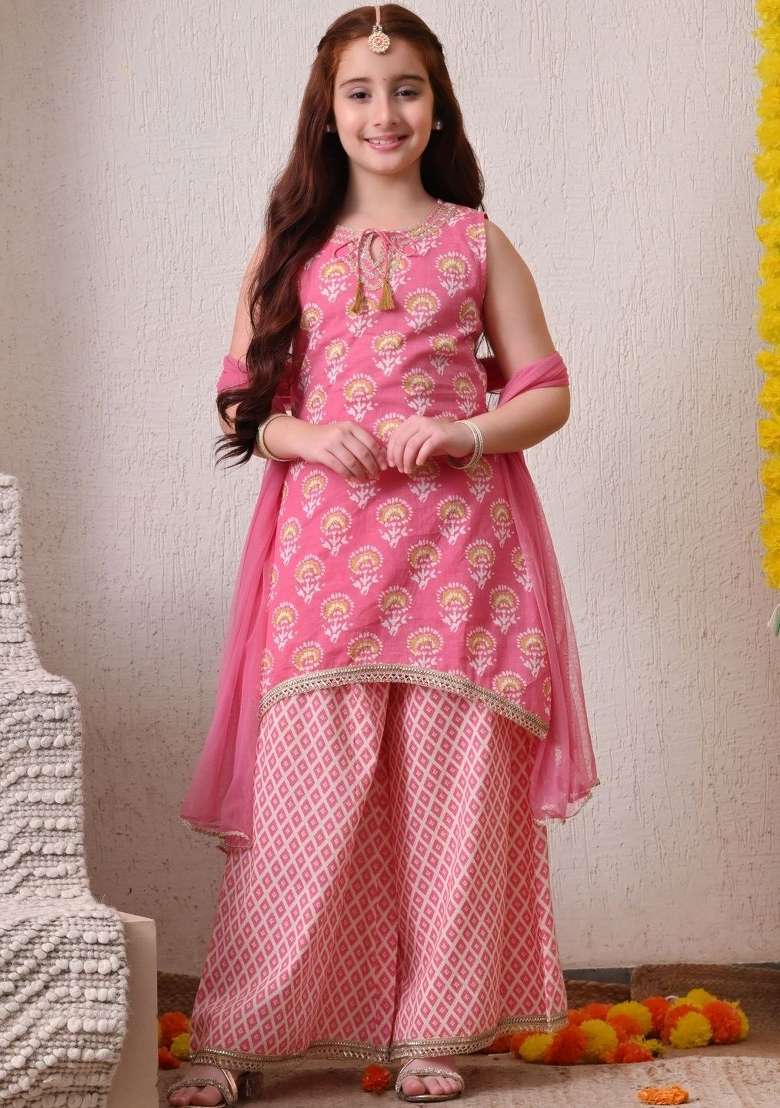 Pink Ethnic Motifs Cotton Palazzo Set For Girls - Indya