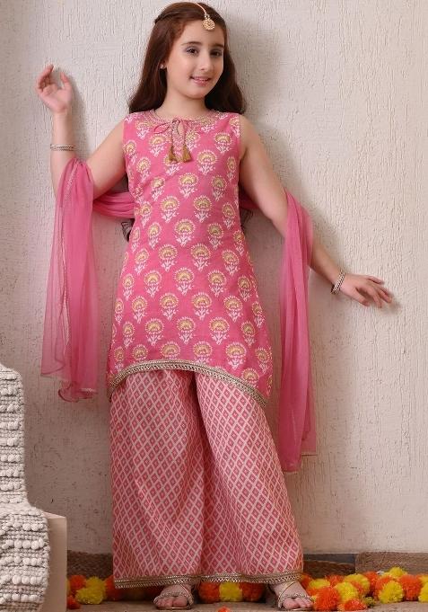 Pink Ethnic Motifs Cotton Palazzo Set For Girls