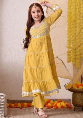 Yellow Ethnic Motifs Cotton Kurta Set For Girls