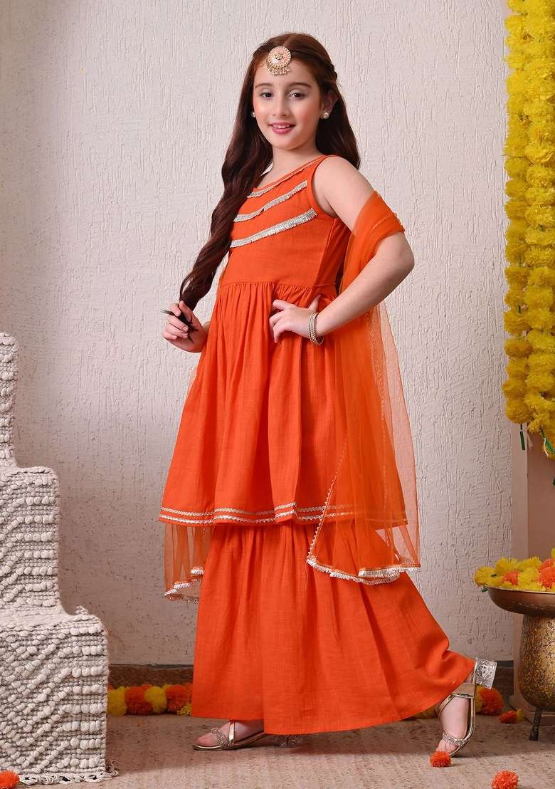 Orange Solid Cotton Sharara Set For Girls - Indya