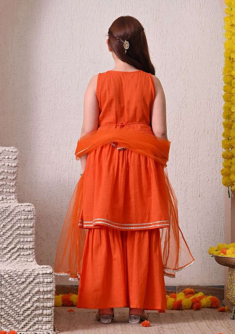 Orange Solid Cotton Sharara Set For Girls - Indya