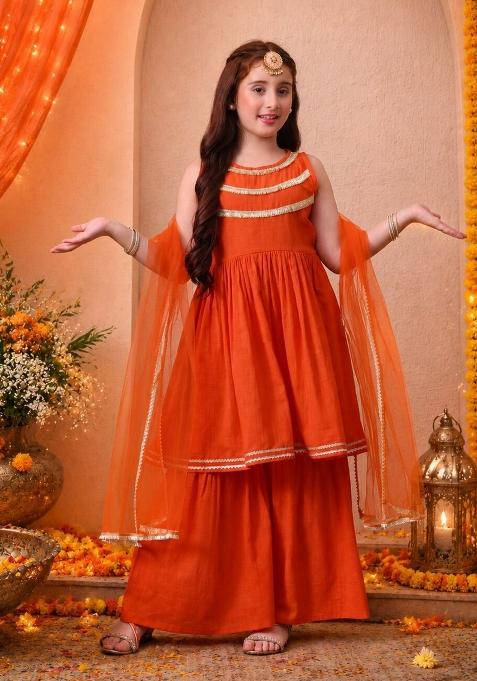 Orange Solid Cotton Sharara Set For Girls