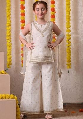 Off White Ethnic Motifs Silk Palazzo Set For Girls