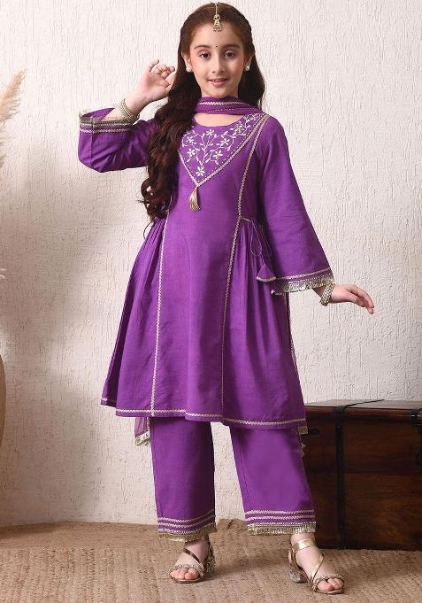 Purple Ethnic Motifs Cotton Kurta Set For Girls