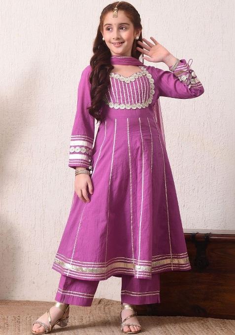 Purple Ethnic Motifs Cotton Kurta Set For Girls