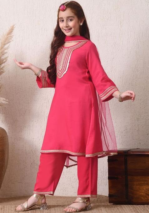 Pink Solid Viscose Kurta Set For Girls