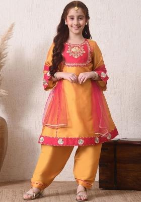 Yellow Ethnic Motifs Silk Kurta Set For Girls