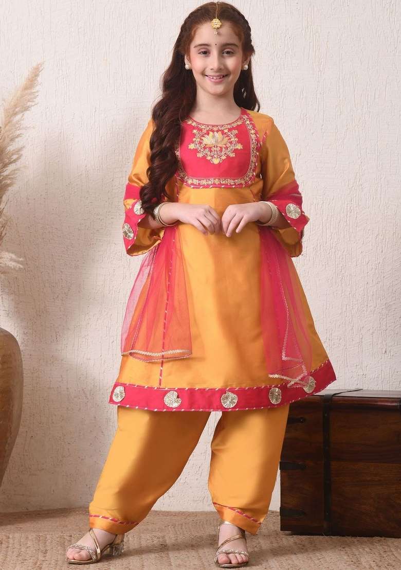 Yellow Ethnic Motifs Silk Kurta Set For Girls - Indya