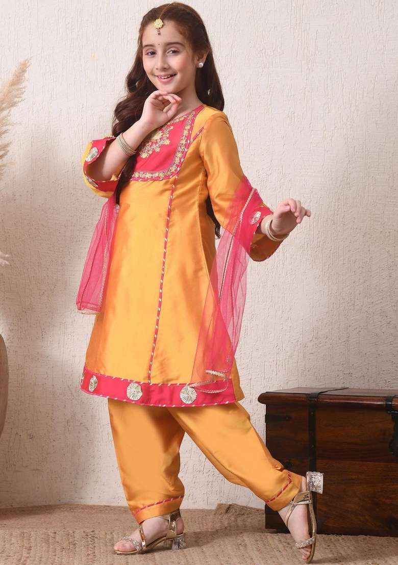 Yellow Ethnic Motifs Silk Kurta Set For Girls - Indya
