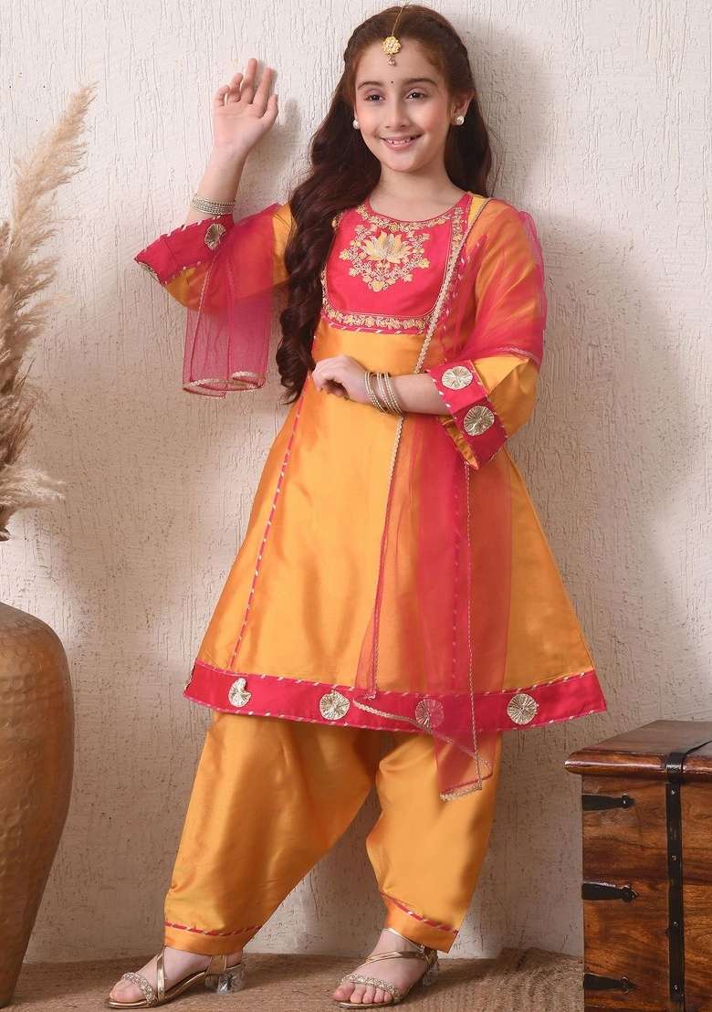 Yellow Ethnic Motifs Silk Kurta Set For Girls - Indya