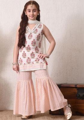 Off White Floral Cotton Sharara Set For Girls
