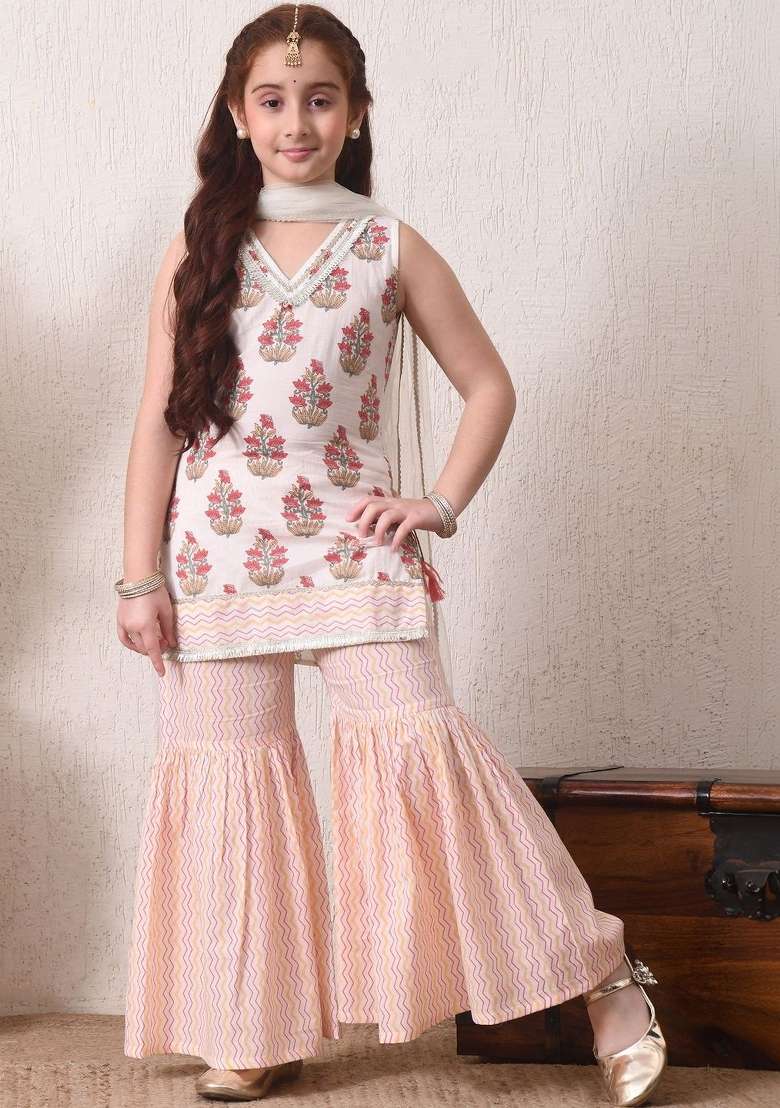 Off White Floral Cotton Sharara Set For Girls - Indya