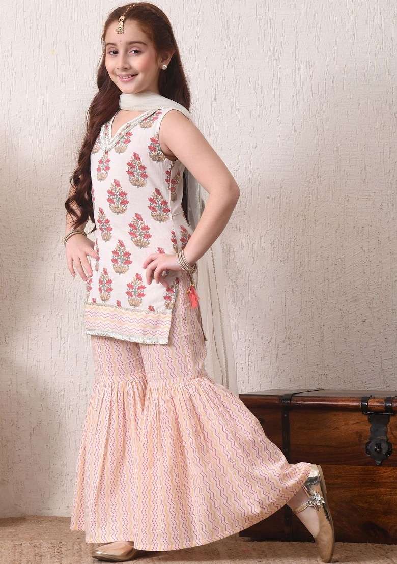 Off White Floral Cotton Sharara Set For Girls - Indya