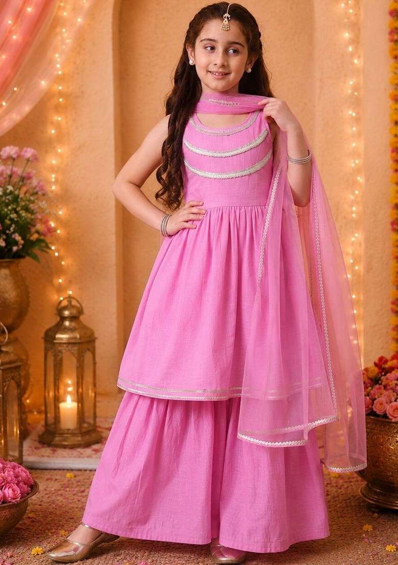 Pink Solid Cotton Sharara Set For Girls - Indya