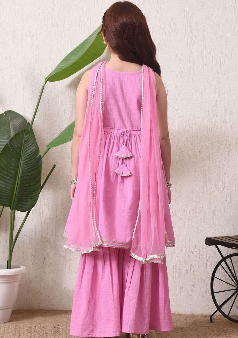Pink Solid Cotton Sharara Set For Girls - Indya