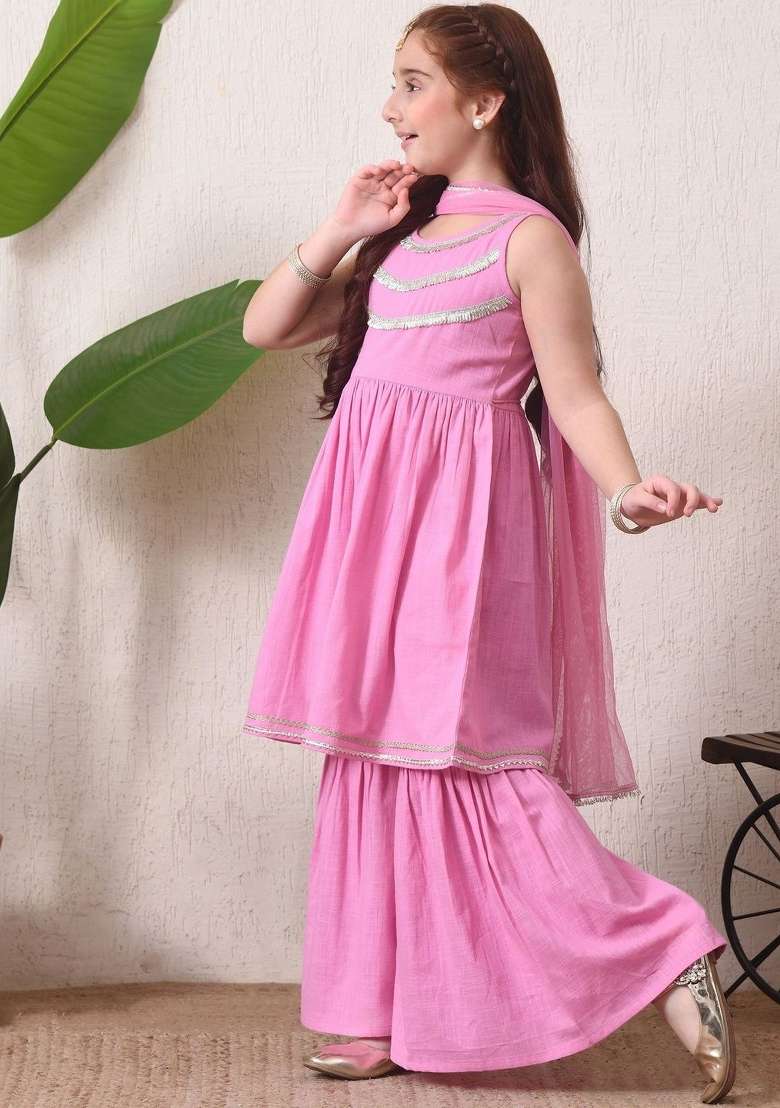 Pink Solid Cotton Sharara Set For Girls - Indya