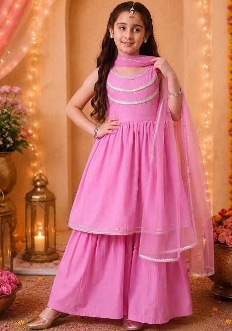 Pink Solid Cotton Sharara Set For Girls