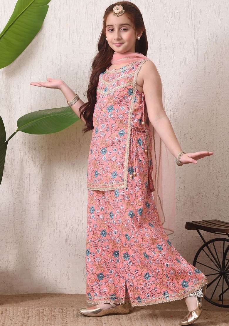 Pink Floral Cotton Sharara Set For Girls - Indya