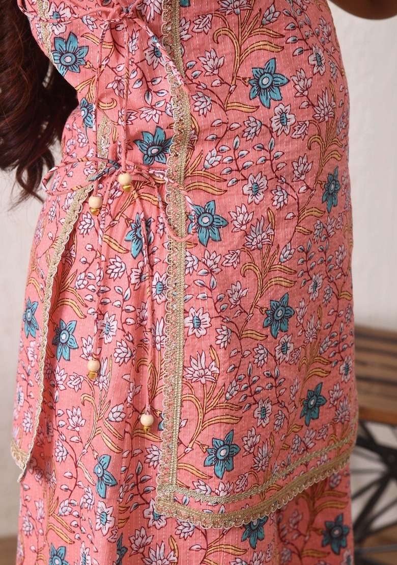 Pink Floral Cotton Sharara Set For Girls - Indya