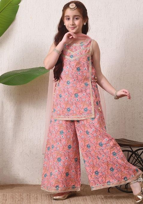 Pink Floral Cotton Sharara Set For Girls