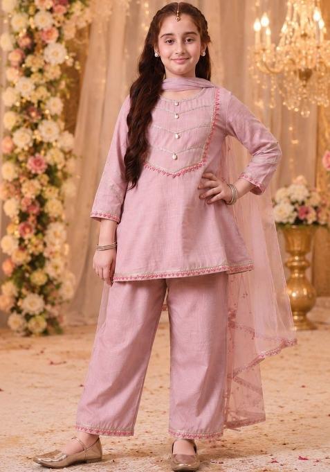 Pink Ethnic Motifs Cotton Kurta Set For Girls