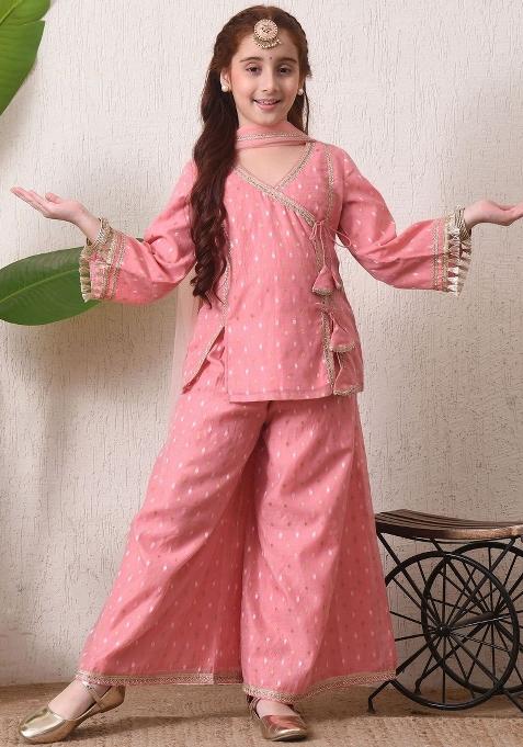 Pink Ethnic Motifs Silk Palazzo Set For Girls